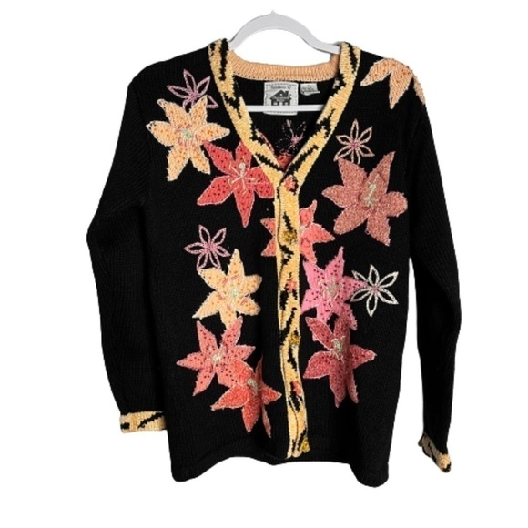 Storybook Knits Black Cardigan Chunky Knit Sweater Tiger...